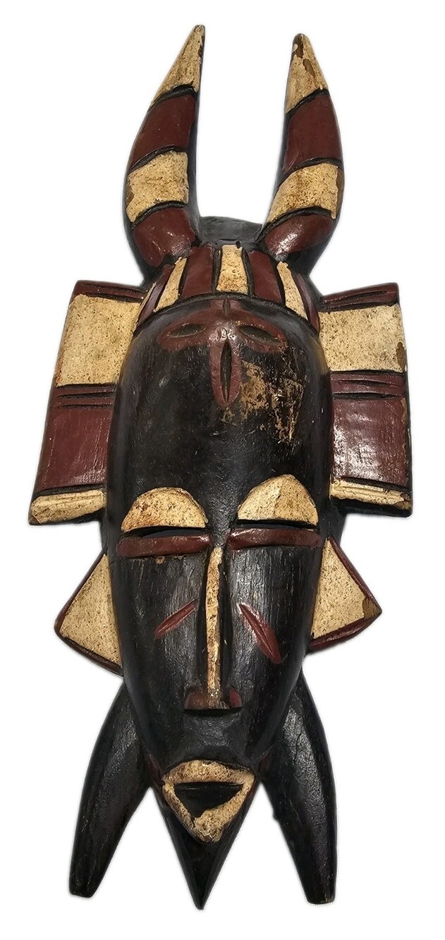 Vintage Hand Carved Anubis Egyptian God Wood Wall Mask Plaque Black Red Gold 11"